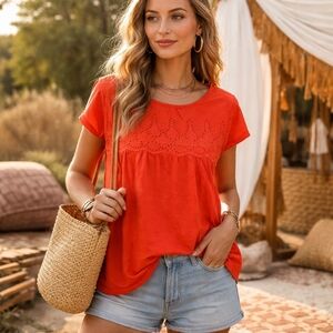 JACHS Girlfriend 100% Cotton Orange Eyelet Top Boho Cottagecore Lightweight